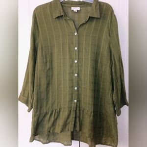 J.Jill 100% Cotton Forest Green Button-Front Women's Tunic, Peplum Top Size L